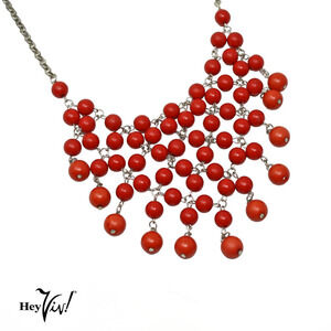 Vintage Free Flowing Boho Red Bead Bib Necklace 4.5" Wide 23" Long - Hey Viv